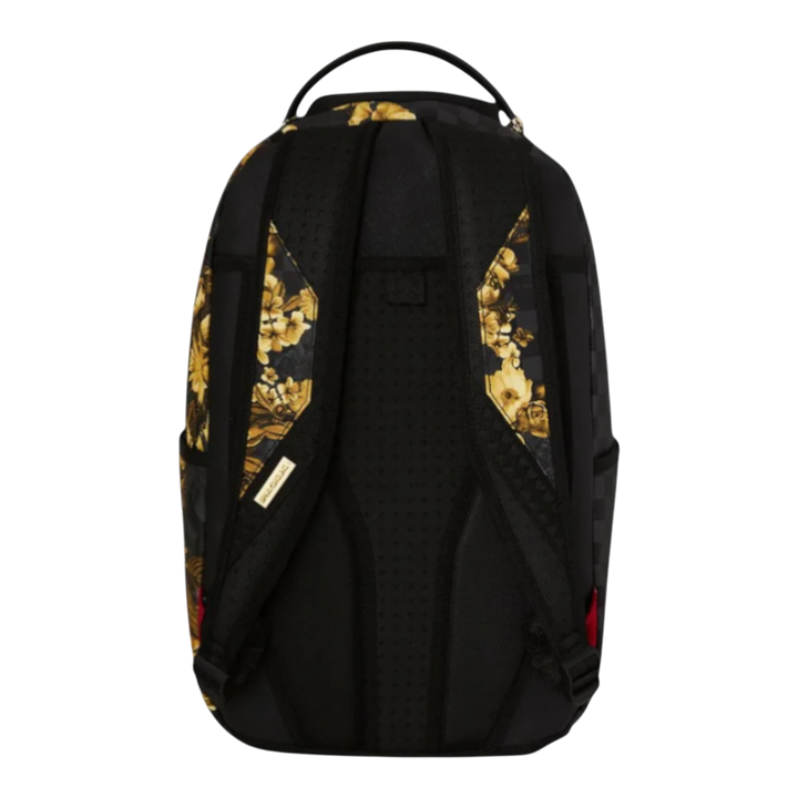 HypeSelection Gold Floral Remix Backpack with black base, gold floral detailing, padded straps, and mesh back.