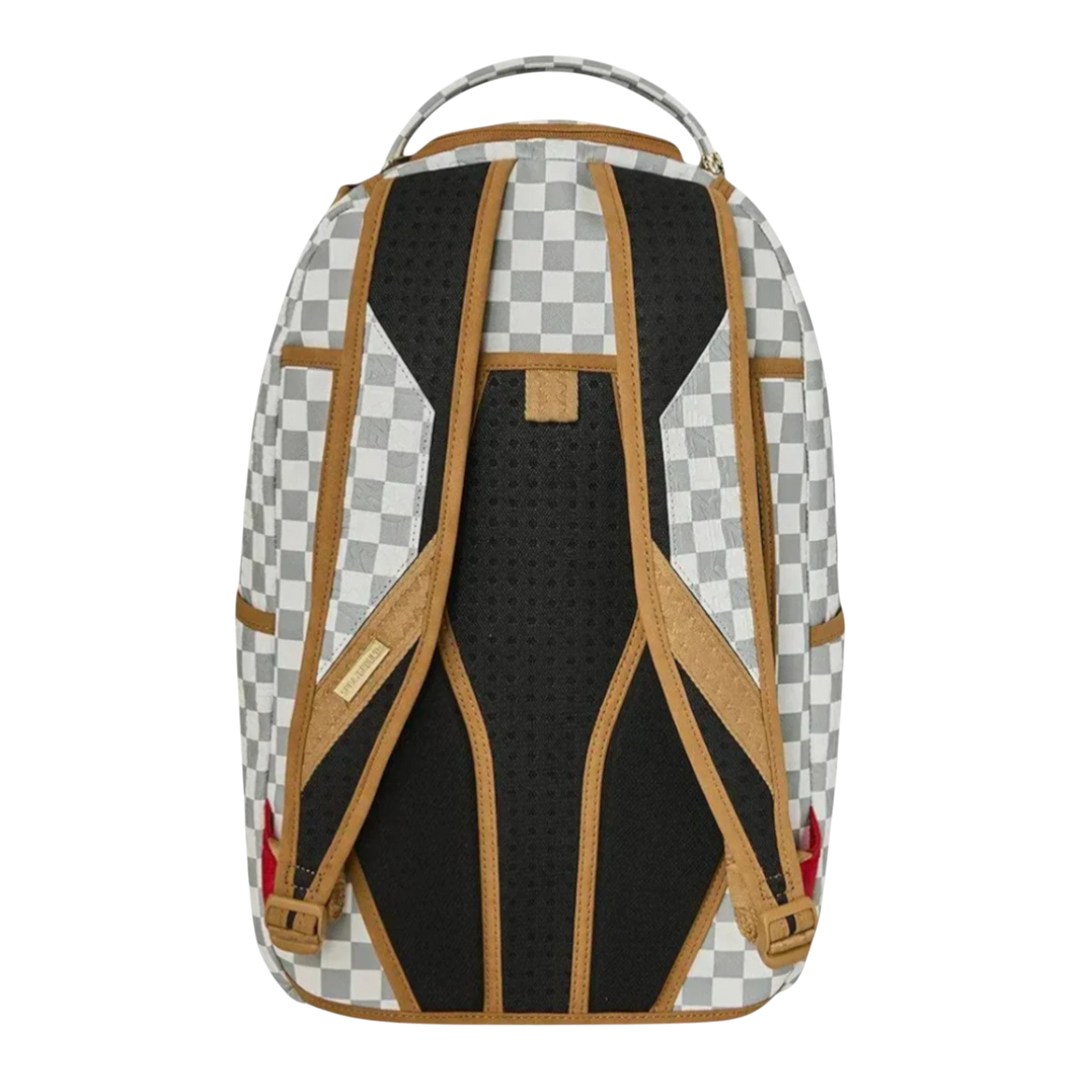HypeSelection Sprayground Graff Embossed Cream Check Backpack with padded straps and mesh back panel.