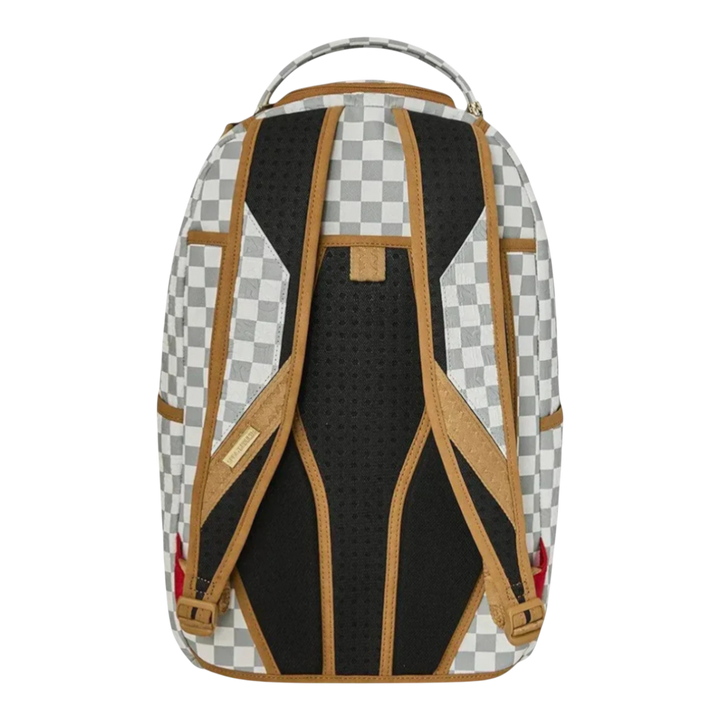 HypeSelection Sprayground Graff Embossed Cream Check Backpack with padded straps and mesh back panel.