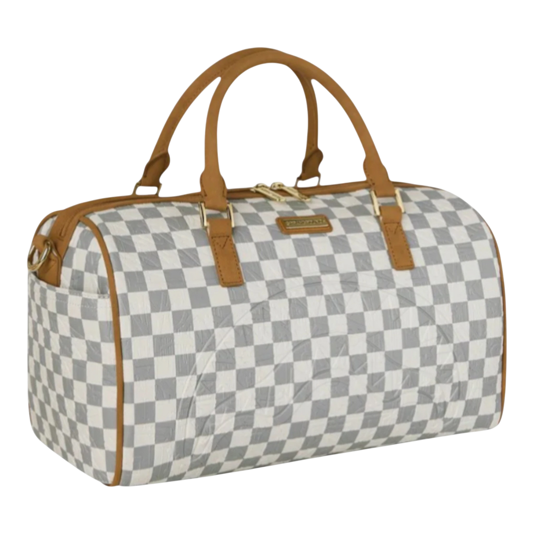 HypeSelection Graff Embossed Cream Check Mini Duffle bag with tan leather handles and trim, featuring a checkerboard pattern and zip closure.