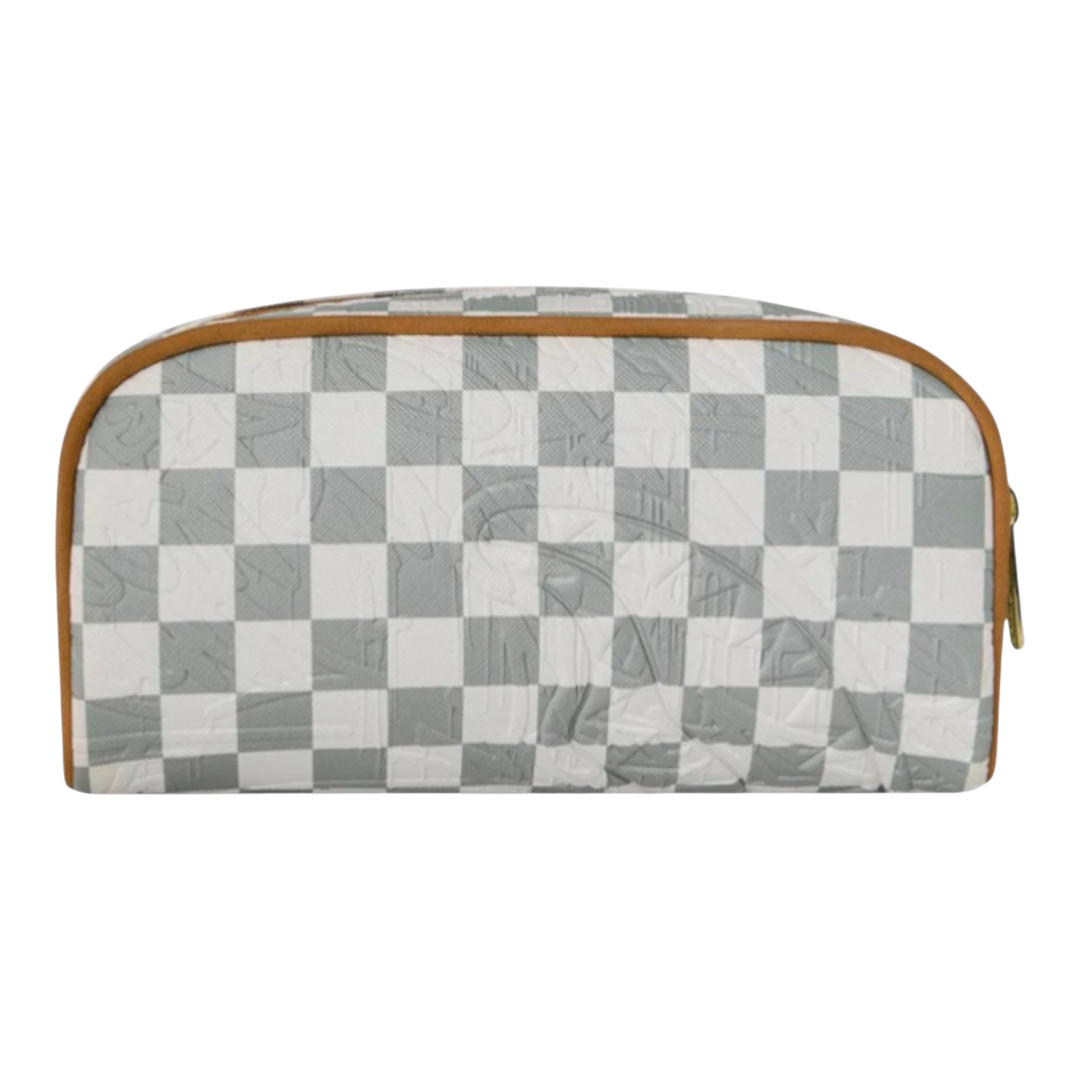 HypeSelection Graff Embossed Cream Check Pouch with brown trim and gold zipper. Features a checkerboard pattern with embossed logo.