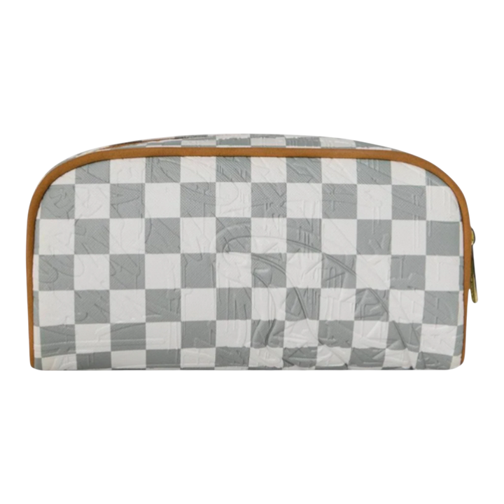 HypeSelection Graff Embossed Cream Check Pouch with brown trim and gold zipper. Features a checkerboard pattern with embossed logo.