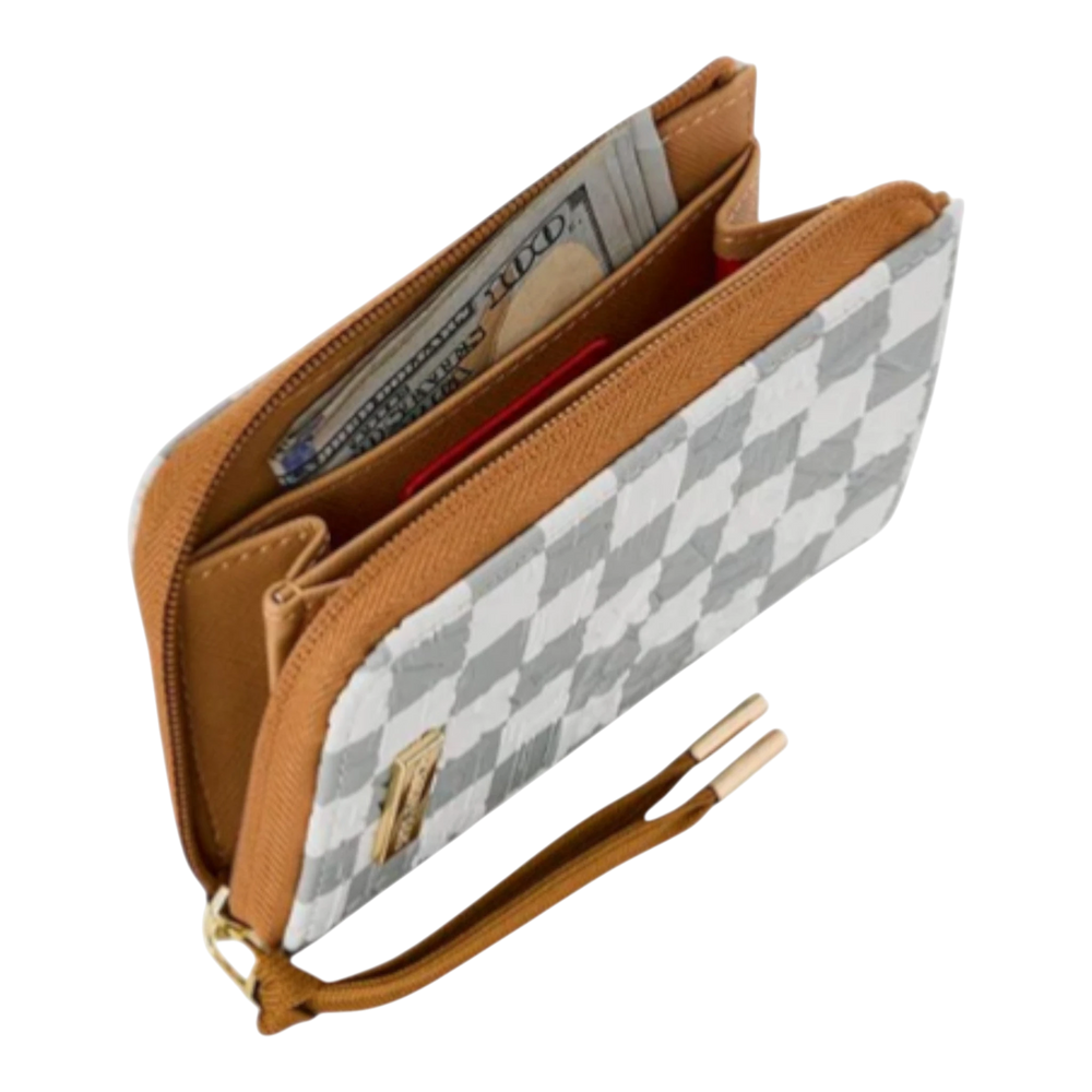 HypeSelection Sprayground Graff Embossed Cream Check Wallet with tan interior, card slots, and cash.