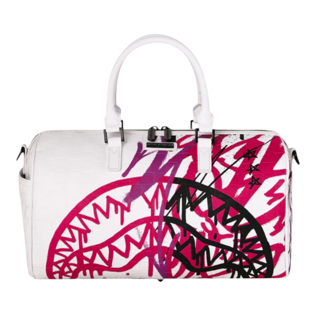 HypeSelection white mini duffle bag with Graff Mayhem RMX shark graphic in pink and black, made of textured synthetic leather.
