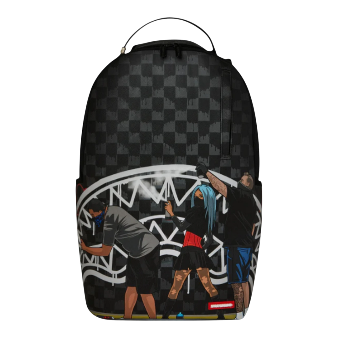 HypeSelection black checkered backpack with graffiti art of people spray painting. Features padded straps and laptop sleeve.