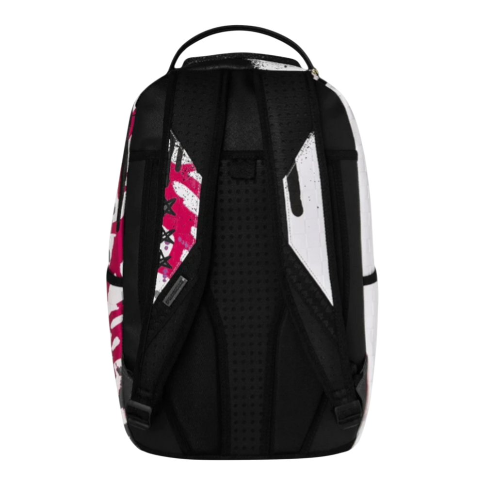 HypeSelection Sprayground Graff Mayhem RMX backpack with graffiti print, shark motif, black, white, and pink accents, and padded straps.