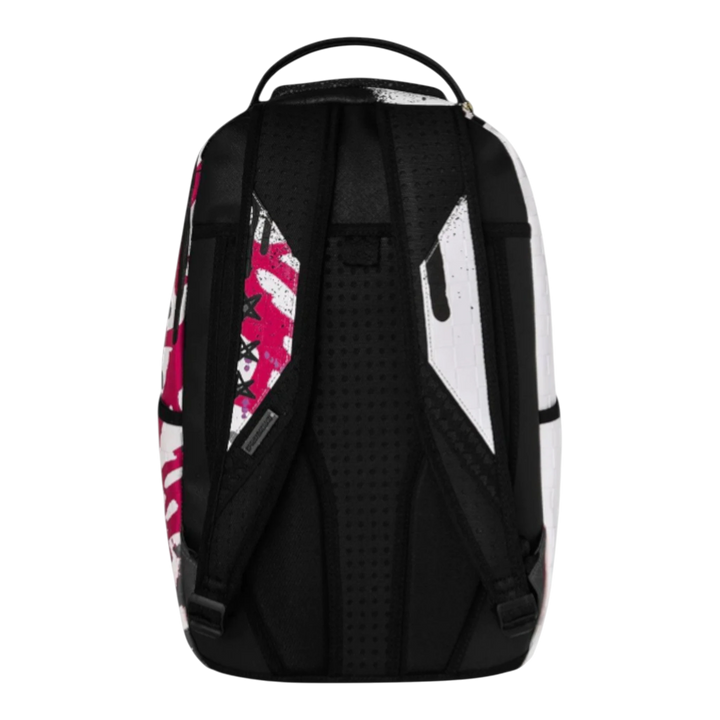 HypeSelection Sprayground Graff Mayhem RMX backpack with graffiti print, shark motif, black, white, and pink accents, and padded straps.