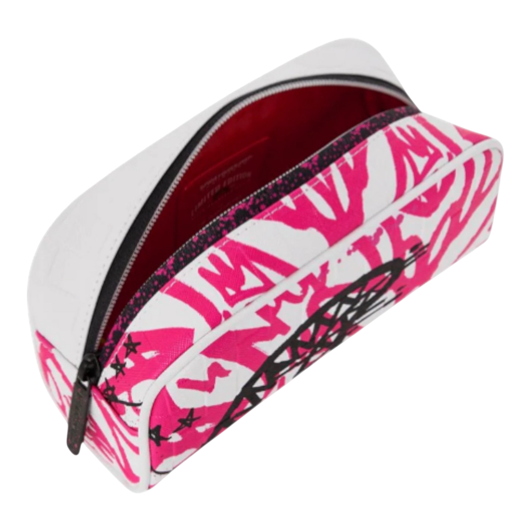 HypeSelection white and pink graffiti print pouch with black zipper and red interior. Durable synthetic leather construction.