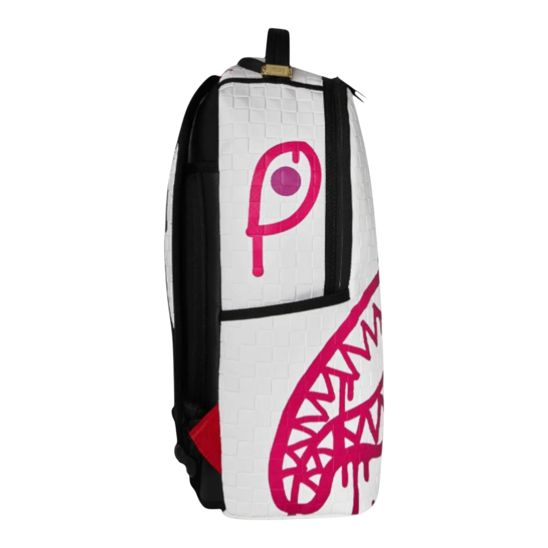 HypeSelection Graff Mayhem RMX backpack in white faux leather with pink graffiti shark graphic and eye detail.