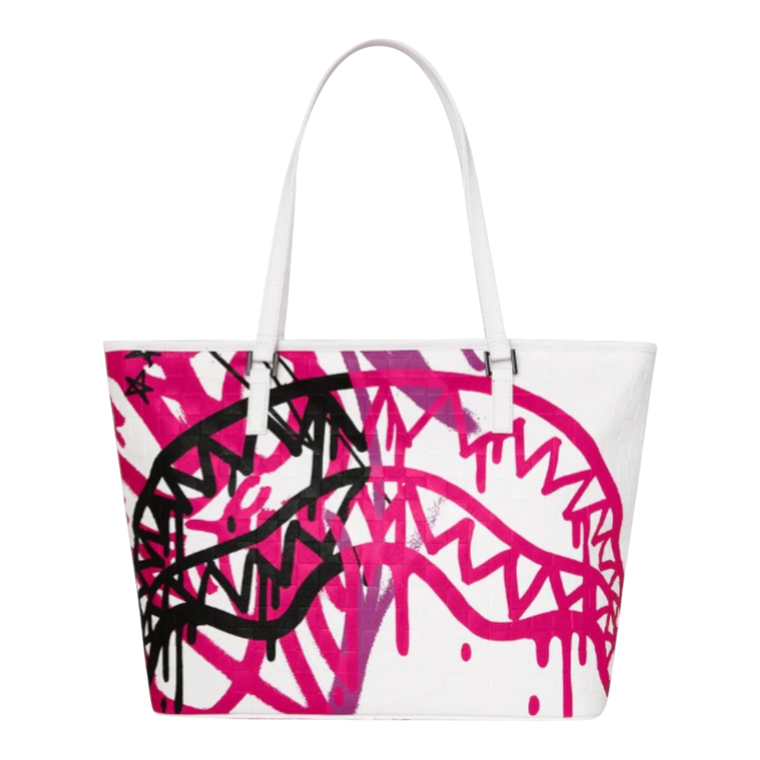 HypeSelection white vegan leather tote bag with pink and black graffiti shark mouth graphic and dual carry handles.