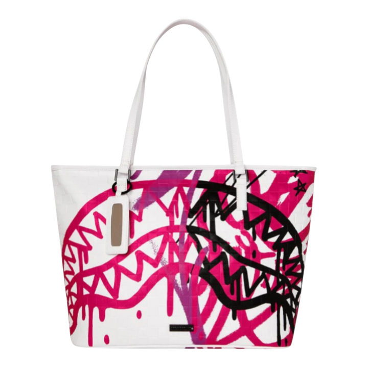 HypeSelection white vegan leather tote bag with bold pink and black graffiti art, featuring a shark mouth graphic and dual carry handles.