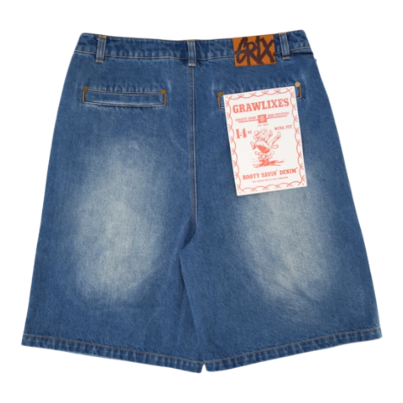HypeSelection Grawlixes "Dizzy" blue washed denim jorts with a relaxed, oversized fit and distressed detailing.