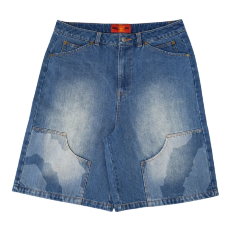 HypeSelection Grawlixes “Dizzy” blue washed denim jorts with oversized fit and unique pocket detailing.