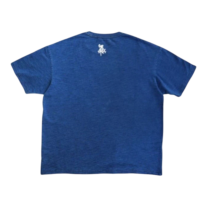 Back view of a HypeSelection Grawlixes indigo-dyed slub cotton t-shirt with a small white logo on the upper back.
