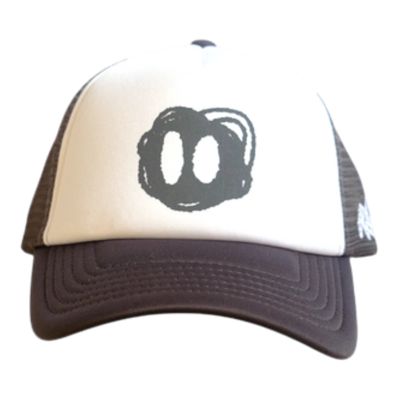 HypeSelection Grawlixes Nittle Trucker Hat in white and dark grey with a graphic print on the front and mesh back.