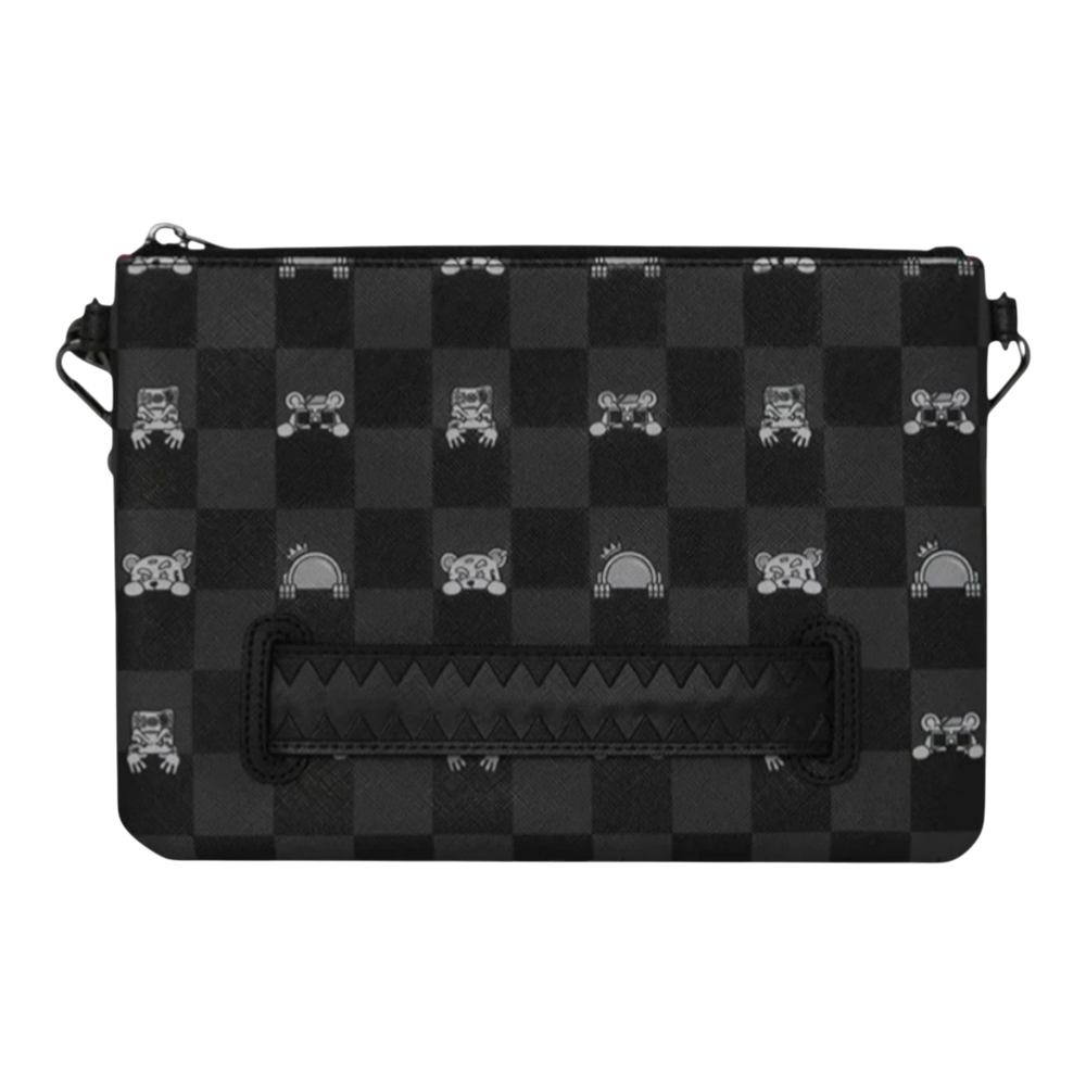 HypeSelection gray and black checkered crossover clutch with peeking character graphic and zip closure.