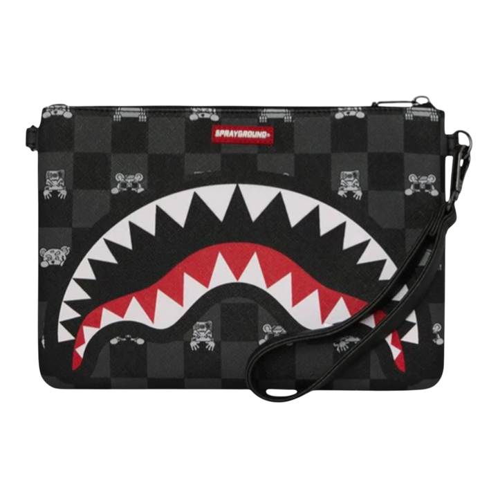 HypeSelection gray and black checkered crossover clutch with a shark mouth graphic and peeking character details. Includes a wristlet strap.