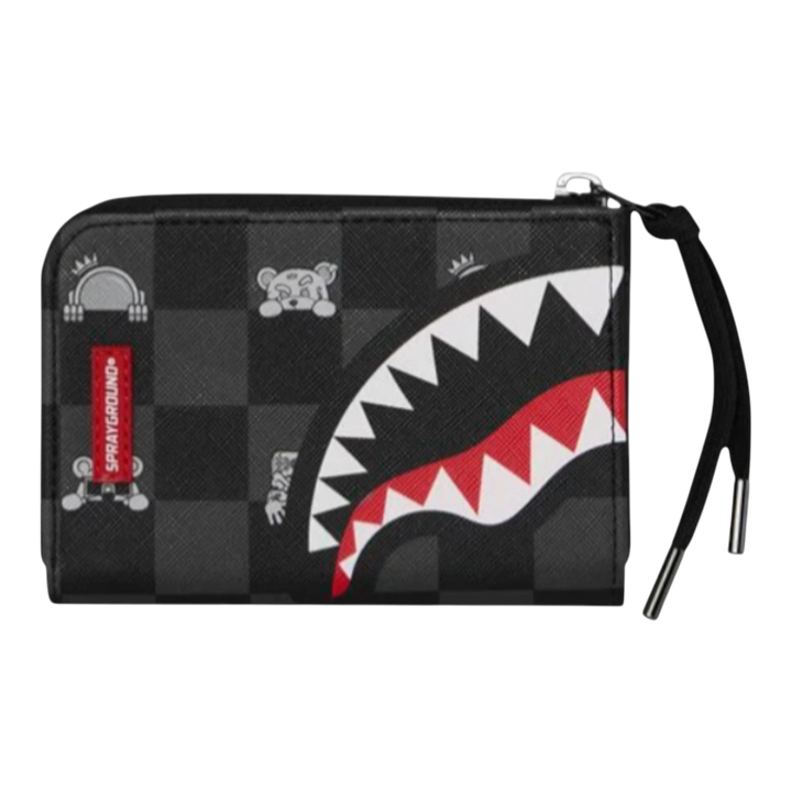 HypeSelection gray and black checkered wallet with a shark mouth graphic and peeking character details. Features elastic closure and zipper.