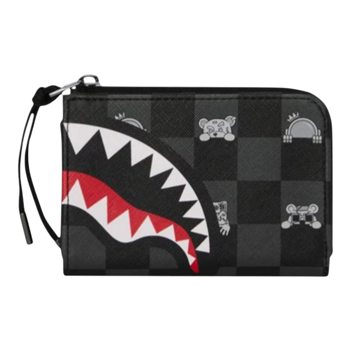 HypeSelection gray and black checkered wallet with a shark mouth graphic and small character icons. Features a zip closure and card slots.