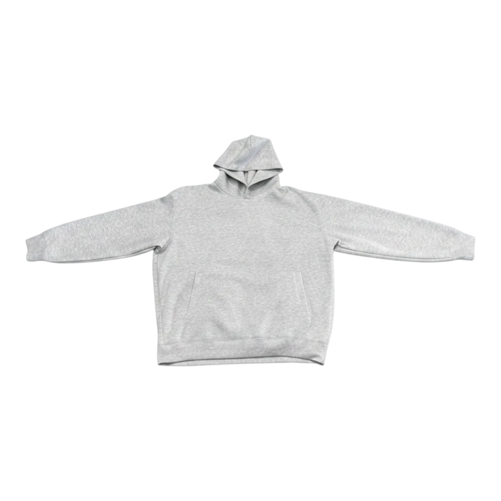 HypeSelection gray oversized cotton-blend hoodie pullover with front pocket and no drawstrings.
