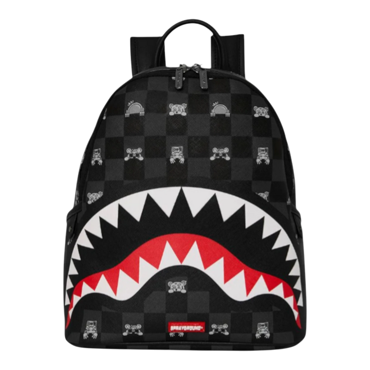 HypeSelection Sprayground gray peeking character check savage backpack with shark mouth graphic and gold hardware.