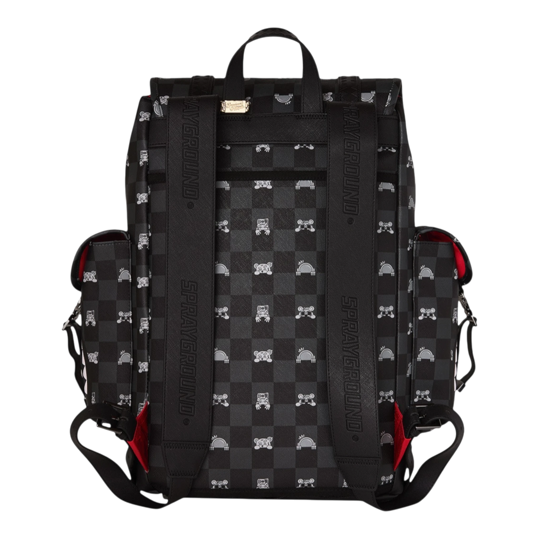 HypeSelection Gray Peeking Character Check Monte Carlo backpack with shark mouth detail, faux leather, and red interior.