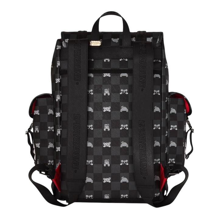 HypeSelection Gray Peeking Character Check Monte Carlo backpack with shark mouth detail, faux leather, and red interior.