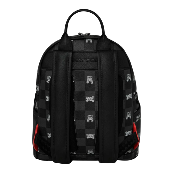 HypeSelection Gray Peeking Character Check Savage Backpack with black and gray checkered pattern and graphic details.
