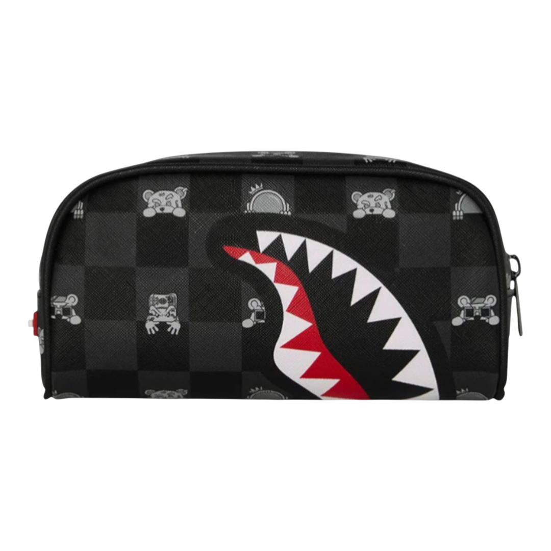 HypeSelection Gray peeking character check pouch with shark mouth graphic, made of synthetic leather.