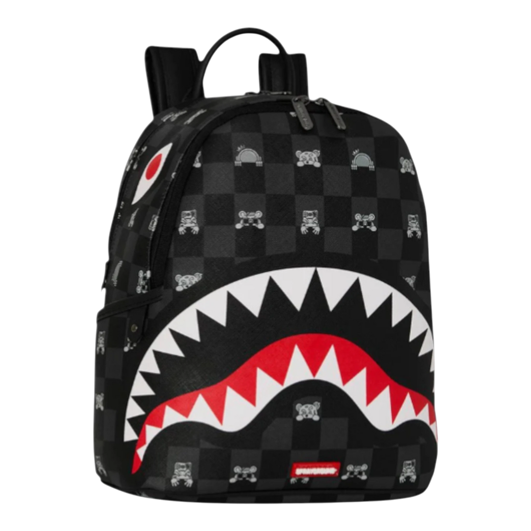 HypeSelection Gray Peeking Character Check Savage Backpack with shark mouth graphic and gold zippers.
