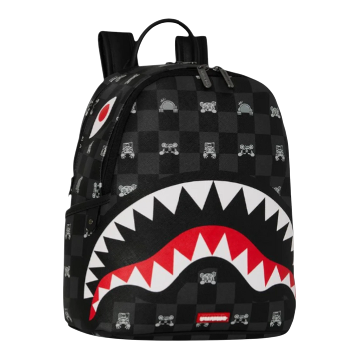 HypeSelection Gray Peeking Character Check Savage Backpack with shark mouth graphic and gold zippers.