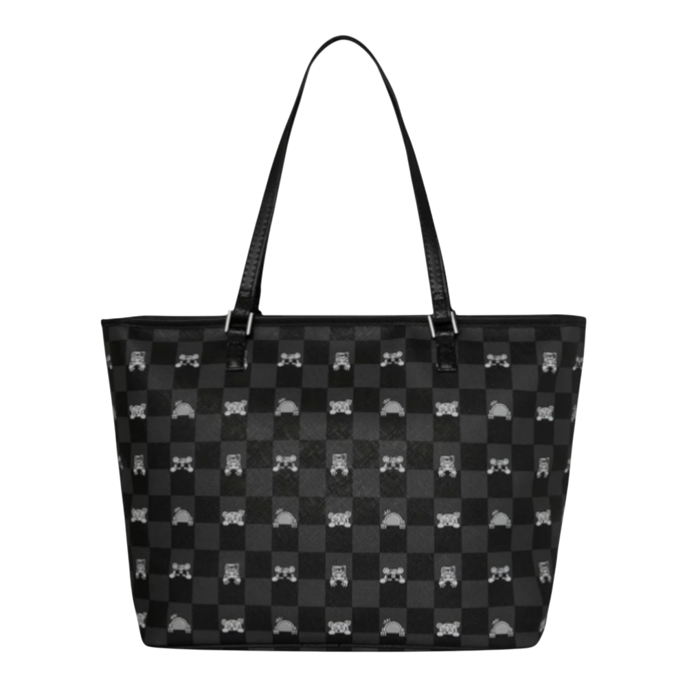 HypeSelection Gray peeking character check tote bag made of PVC faux leather with dual carry handles and zip closure.