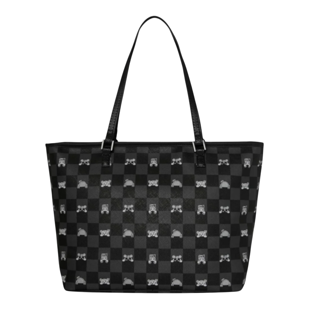 HypeSelection Gray peeking character check tote bag made of PVC faux leather with dual carry handles and zip closure.