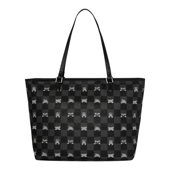 HypeSelection Gray peeking character check tote bag made of PVC faux leather with dual carry handles and zip closure.