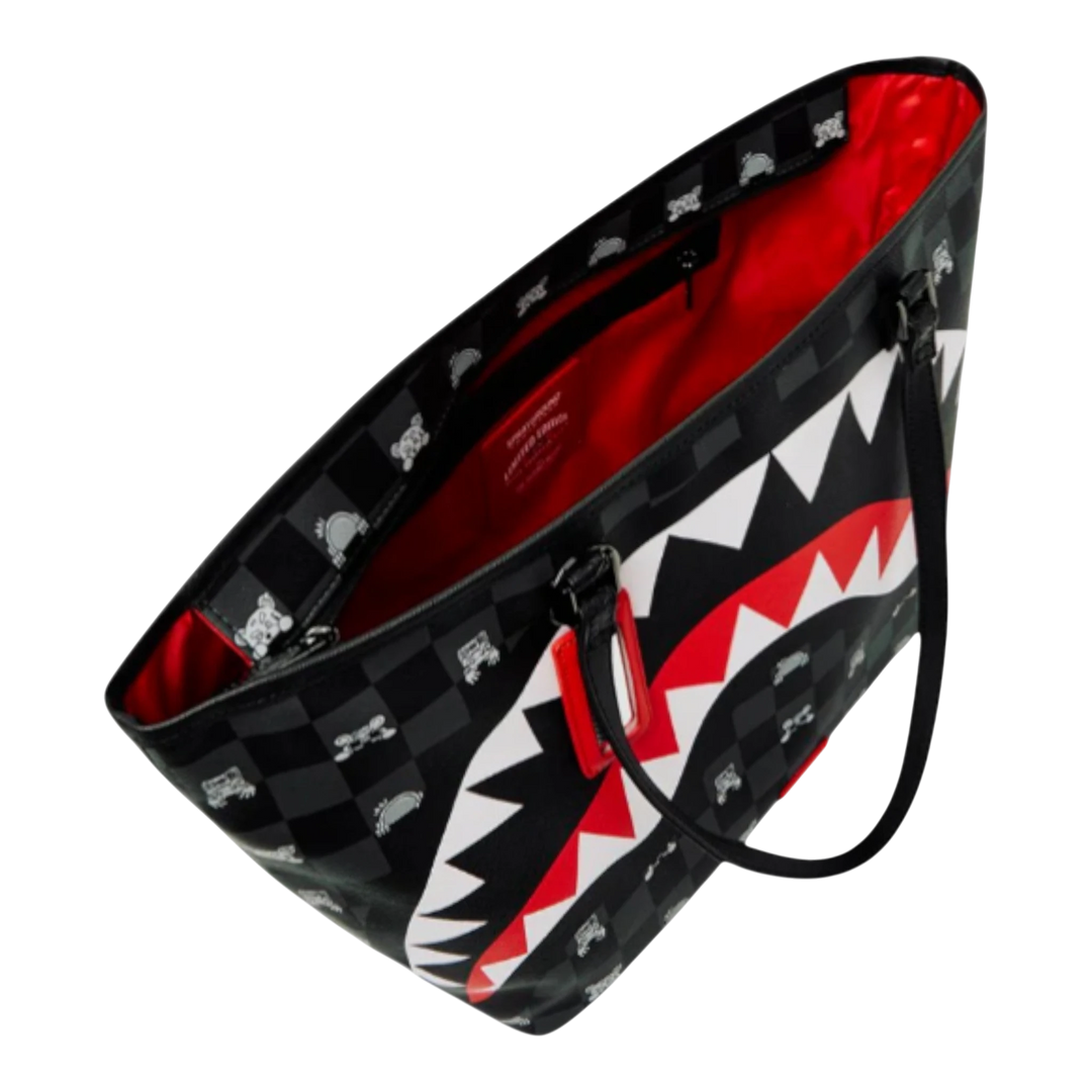 HypeSelection Gray Peeking Character Check Tote Bag with red interior and shark teeth graphic.