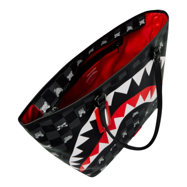 HypeSelection Gray Peeking Character Check Tote Bag with red interior and shark teeth graphic.