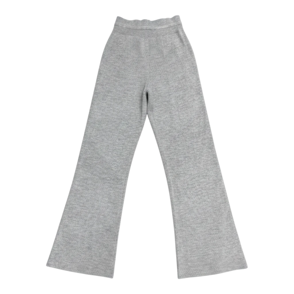 HypeSelection gray ribbed knit washable straight-leg pants for women with wide waistband and drawstring.