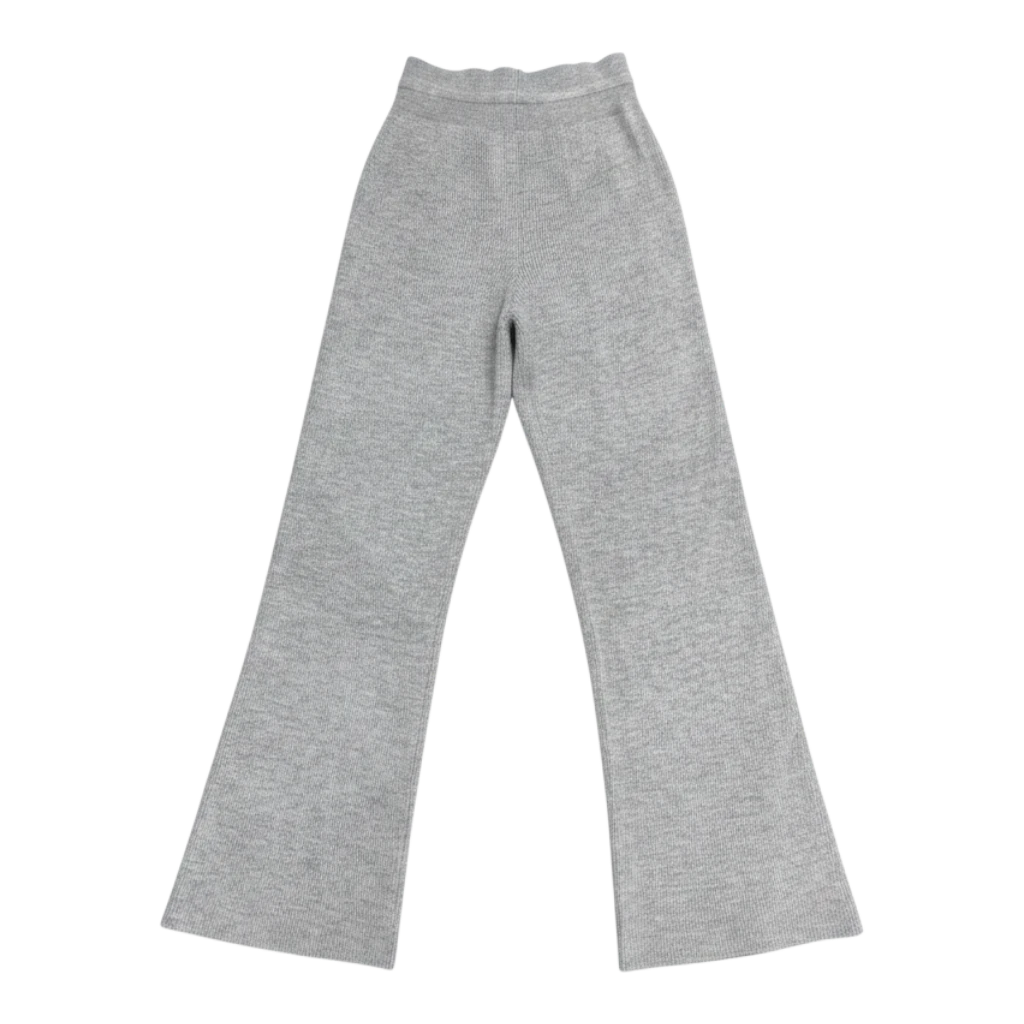 HypeSelection gray ribbed knit washable straight-leg pants for women with wide waistband and drawstring.