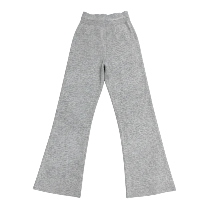 HypeSelection gray ribbed knit washable straight-leg pants for women with wide waistband and drawstring.