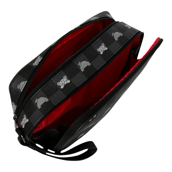 HypeSelection gray toiletry brick with peeking character check pattern and red interior. Structured design with zip-around closure.