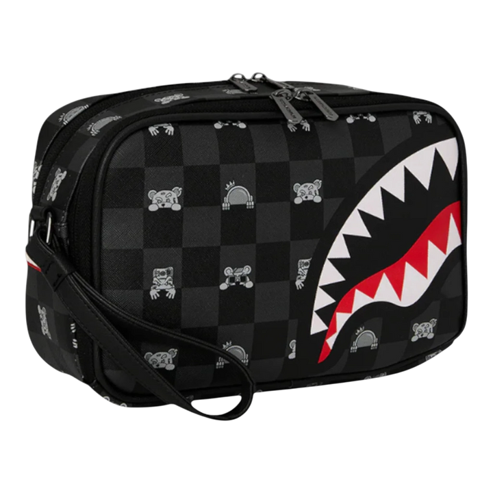HypeSelection Gray toiletry brick with black and gray check pattern and shark mouth graphic. Features peeking character details and a wrist strap.