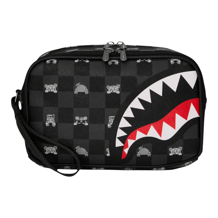 HypeSelection Gray Peeking Character Check toiletry brick with shark mouth graphic and wrist strap. Durable and compact for travel.