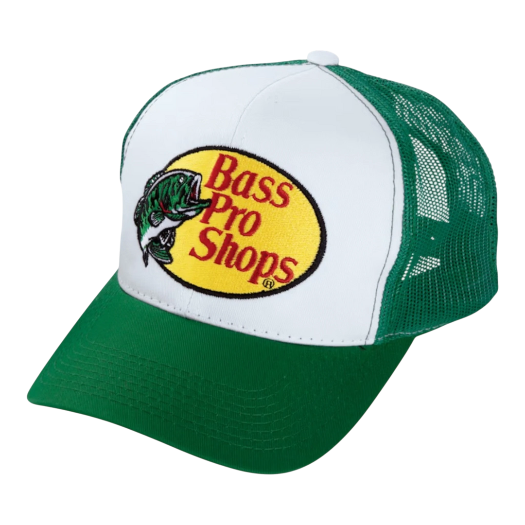 HypeSelection green trucker cap with white front panel featuring embroidered Bass Pro Shops logo and mesh back.