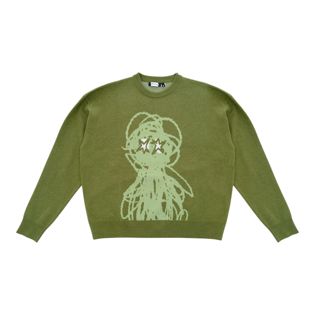 HypeSelection olive green knit sweater with a green abstract graphic and star eyes. Relaxed fit, crew neck, long sleeves.