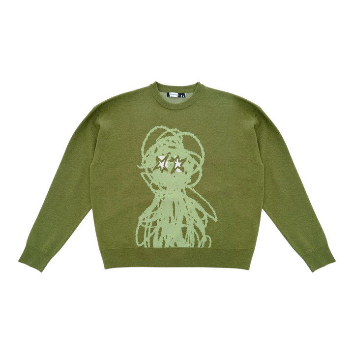HypeSelection olive green knit sweater with a green abstract graphic and star eyes. Relaxed fit, crew neck, long sleeves.