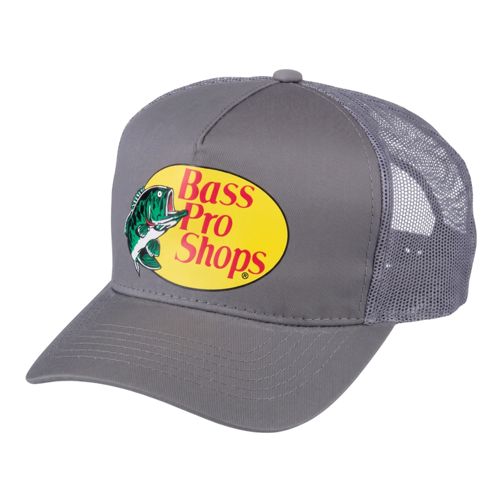 HypeSelection grey Bass Pro Shops trucker cap with breathable mesh back and iconic logo on the structured front panel.