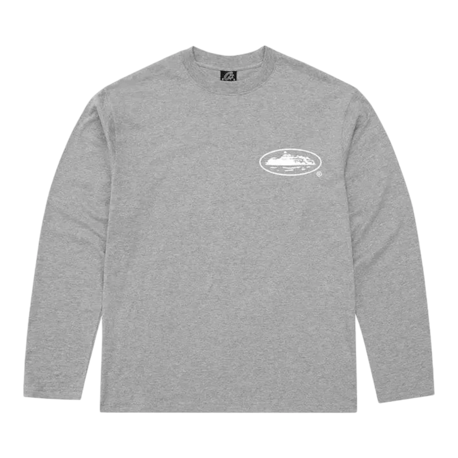 HypeSelection grey cotton long sleeve t-shirt with white island graphic logo on chest.