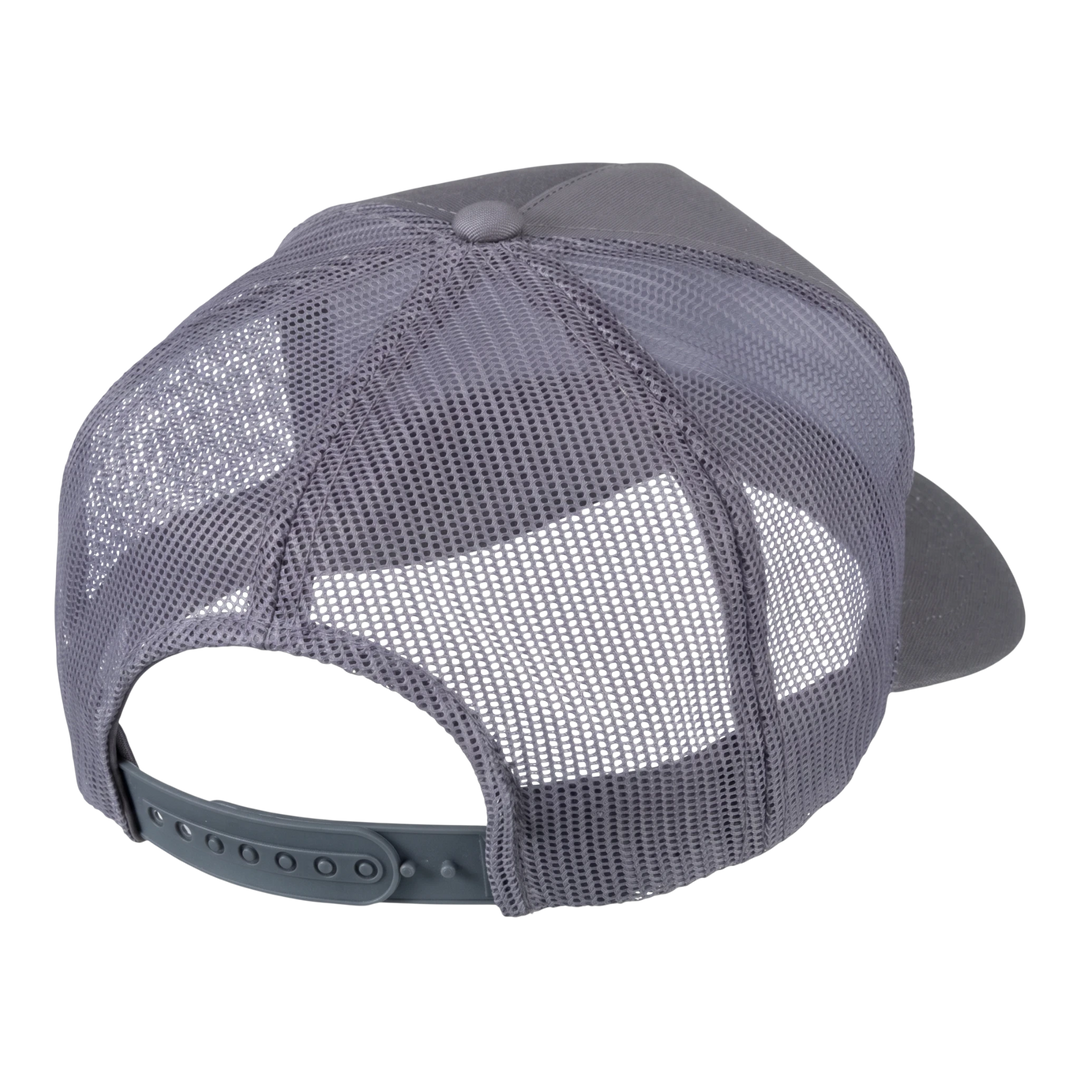 HypeSelection grey Bass Pro Shops trucker cap with breathable mesh back panels and adjustable snapback closure