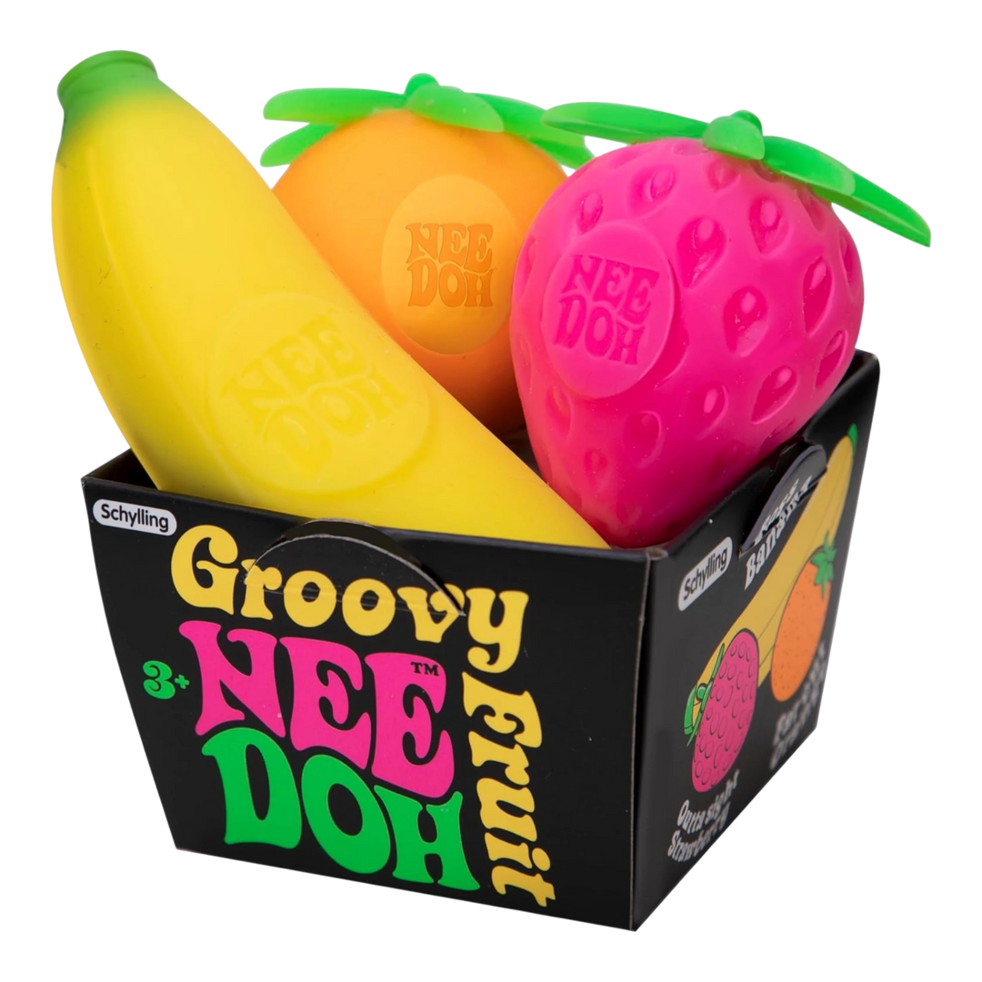 HypeSelection NeeDoh Groovy Fruit sensory fidget toys: yellow banana, orange, and pink strawberry shapes.