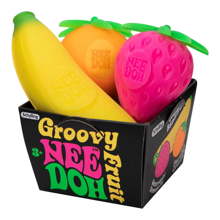 HypeSelection NeeDoh Groovy Fruit sensory fidget toys: yellow banana, orange, and pink strawberry shapes.